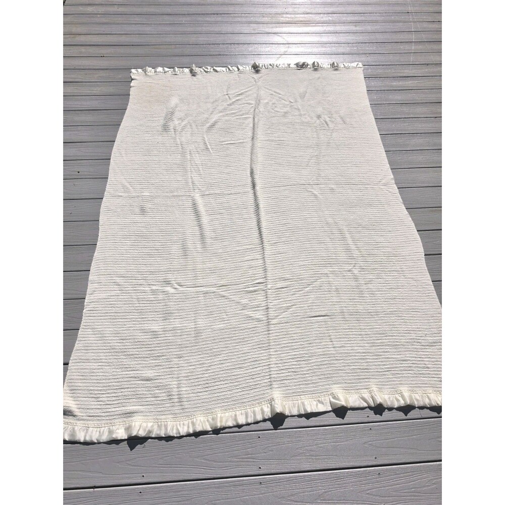 Vintage Waffle Weave Ivory Full Size Made In USA Blanket 87" X 67" Satin Trim